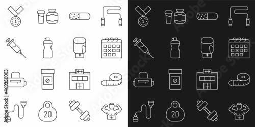 Set line Bodybuilder muscle, Tape measure, Calendar fitness, Vitamin pill, Fitness shaker, Doping syringe, Medal and Boxing glove icon. Vector