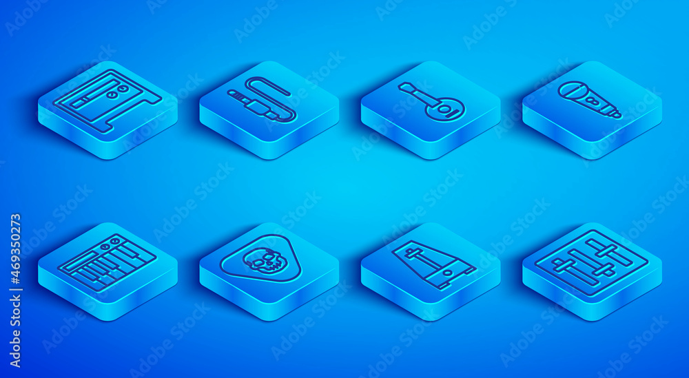 Set line Guitar amplifier, Audio jack, Banjo, pick, Metronome with pendulum, Microphone, Music synthesizer and Sound mixer controller icon. Vector Set line Guitar amplifier, Audio jack, Banjo, pick, Metronome with pendulum, Microphone, Music synthesizer and Sound mixer controller icon. Vector