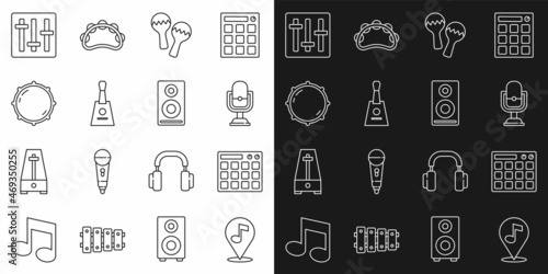 Set line Location musical note, Drum machine, Microphone, Maracas, Balalaika, Dial knob level, Sound mixer controller and Stereo speaker icon. Vector