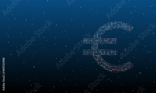 On the right is the euro symbol filled with white dots. Background pattern from dots and circles of different shades. Vector illustration on blue background with stars