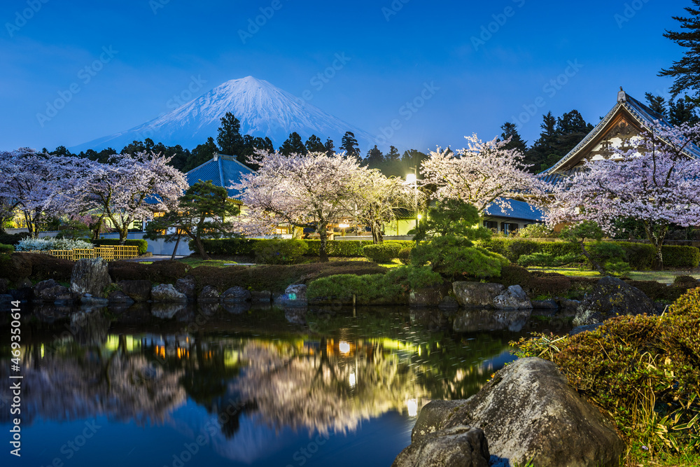 Fujinomiya, Shizuoka, Japan with Mt. Fuji and Temples in Spring