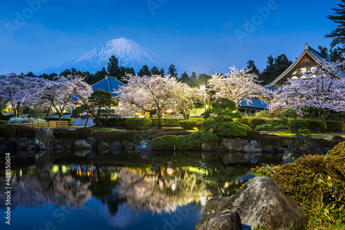 Fujinomiya, Shizuoka, Japan with Mt. Fuji and Temples in Spring photo