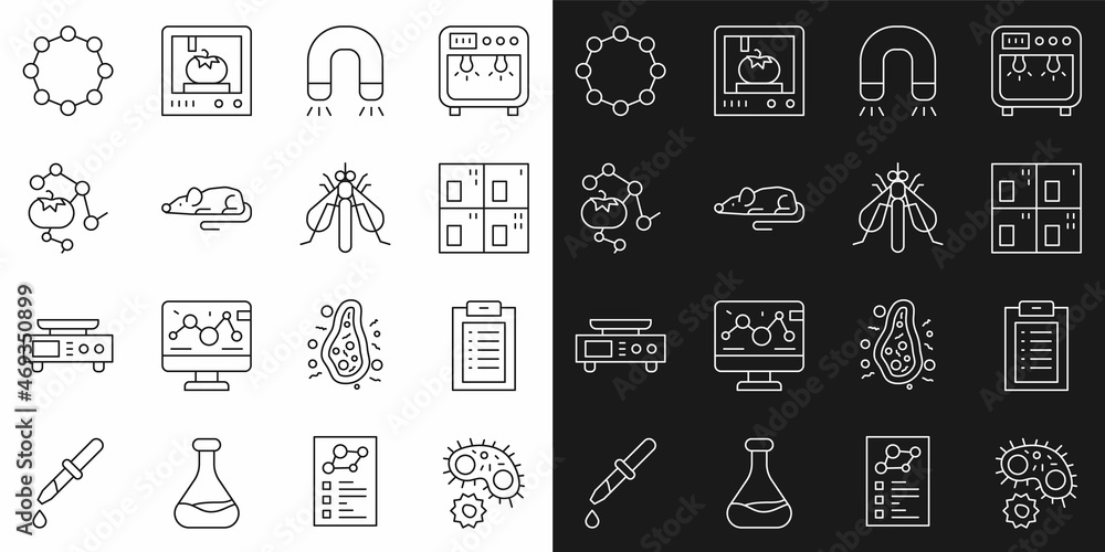 Set line Virus, Clinical record, Periodic table, Magnet, Experimental mouse, Genetically modified food, Chemical formula and insect icon. Vector Set line Virus, Clinical record, Periodic table, Magnet, Experimental mouse, Genetically modified food, Chemical formula and insect icon. Vector