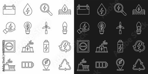 Set line Recycle symbol  Battery with recycle  Light bulb  Lightning bolt  leaf  Car battery and Wind turbine icon. Vector