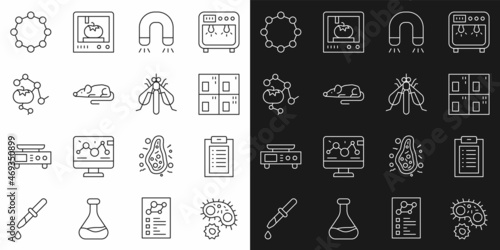 Set line Virus, Clinical record, Periodic table, Magnet, Experimental mouse, Genetically modified food, Chemical formula and insect icon. Vector