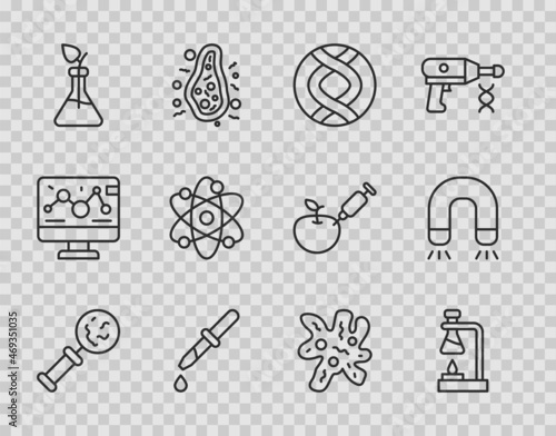 Set line Microorganisms under magnifier, Test tube flask on fire, DNA symbol, Pipette, Plant breeding, Atom, Cell and Magnet icon. Vector