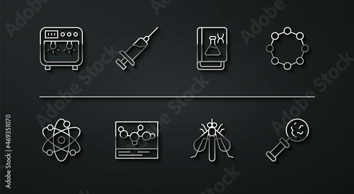 Set line Biosafety box, Atom, Chemical formula, Experimental insect, Syringe, Microorganisms under magnifier and Genetic engineering book icon. Vector