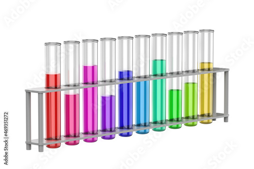 Test tubes with colorful liquids in a rack on white background