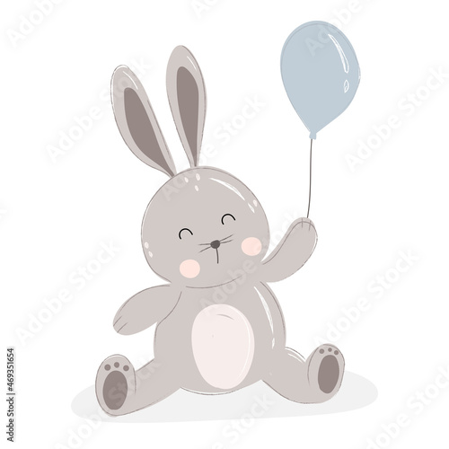 Illustration cute rabbit  bunny with a blue balloon