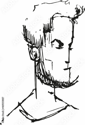 hand drawn sketch portrait of young bearded man isolated on white