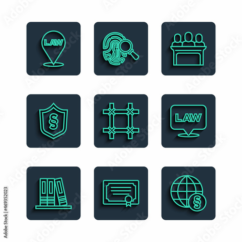 Set line Office folders, Certificate template, International law, Jurors, Prison window, Justice shield, Location and icon. Vector
