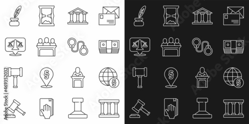 Set line Prison window, International law, Bribe money cash, Courthouse building, Jurors, Scales of justice, Feather and inkwell and Handcuffs icon. Vector