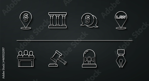 Set line Location law, Jurors, Flasher siren, Judge gavel, Prison window, Fountain pen nib and Law icon. Vector