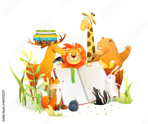 Animals group reading a story book or study in nature, fairytale children education cartoon in watercolor style. Animals learning and reading story, vector illustration for kids.
