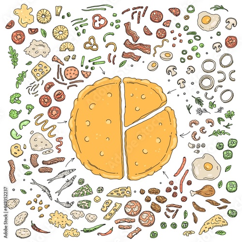Pizza topping and ingredients to make your own food design. Pizza base, slice and toppings vector set.