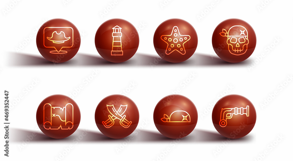 Set line Location pirate, Pirate treasure map, Skull, bandana for head, Crossed swords, Lighthouse, Vintage pistols and Starfish icon. Vector Set line Location pirate, Pirate treasure map, Skull, bandana for head, Crossed swords, Lighthouse, Vintage pistols and Starfish icon. Vector
