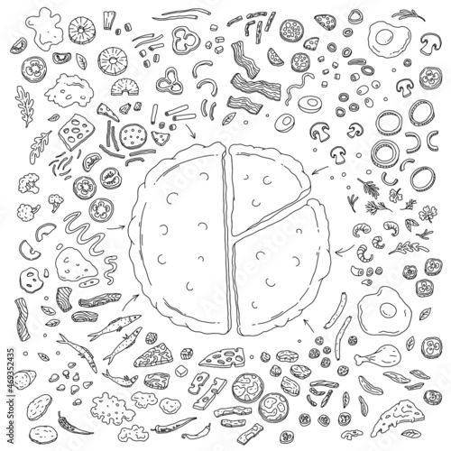 Pizza dough sheet surrounded with food ingredients vector illustration isolated.