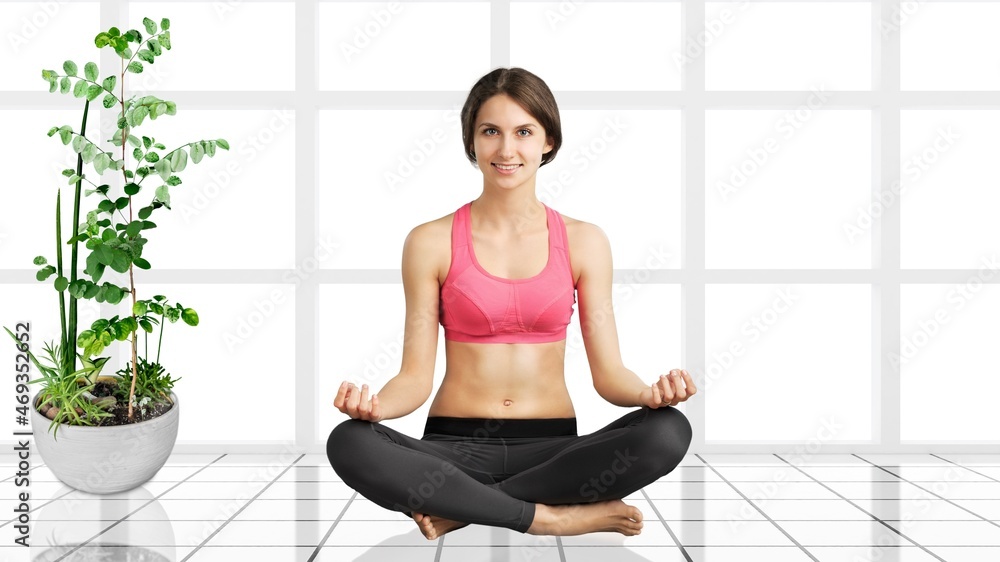 Calm of wellness young woman sit breathing with yoga lotus pose, Calm of wellness young woman sit breathing with yoga lotus pose,