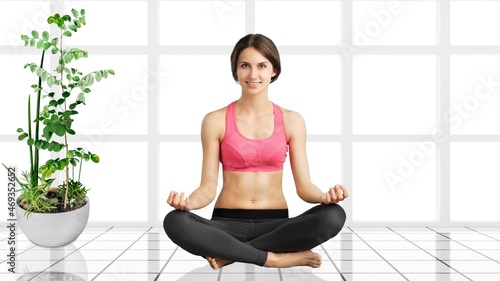 Calm of wellness young woman sit breathing with yoga lotus pose,