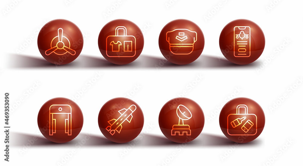 Set line Plane propeller, Metal detector in airport, Mobile with ticket, Radar, Rocket, Suitcase, and Pilot hat icon. Vector Set line Plane propeller, Metal detector in airport, Mobile with ticket, Radar, Rocket, Suitcase, and Pilot hat icon. Vector