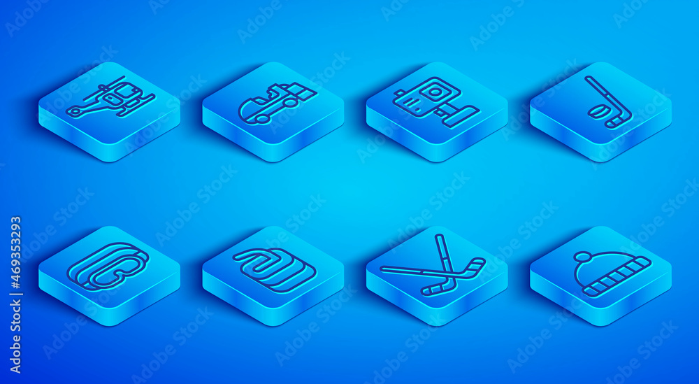 Set line Rescue helicopter, Ice resurfacer, Action camera, Stone for curling, hockey sticks, and puck, Ski goggles and Winter hat icon. Vector Set line Rescue helicopter, Ice resurfacer, Action camera, Stone for curling, hockey sticks, and puck, Ski goggles and Winter hat icon. Vector