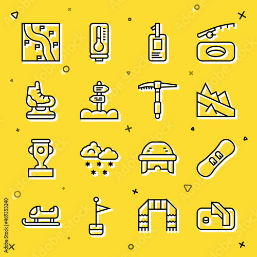 Set line Ice hockey goal, Snowboard, Mountain descent, Identification badge, Road traffic signpost, Skates, Route location and axe icon. Vector