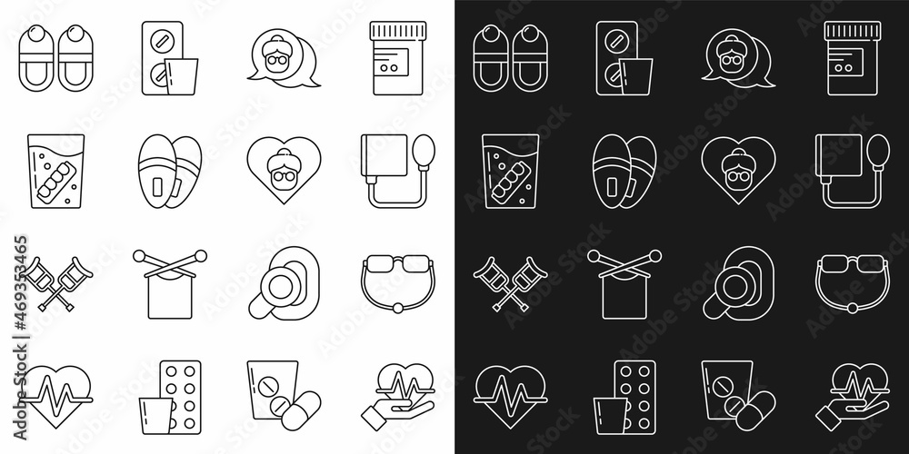 Set line Heart rate, Eyeglasses, Blood pressure, Grandmother, Slippers, False jaw in, and icon. Vector