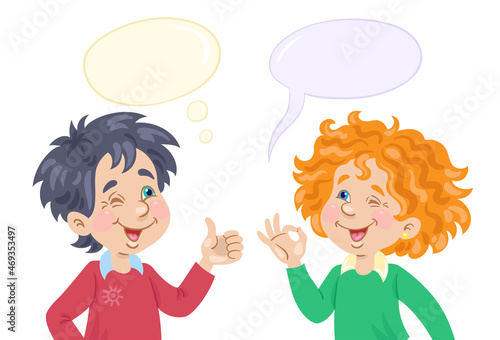 Funny conversation between little boy and girl. Picture in cartoon style with speech bubbles. Isolated on white background. Vector flat illustration. Children and emotions