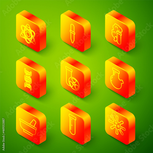 Set line Atom, Pipette, Chemical explosion, DNA symbol, Test tube radiation, and flask, Mortar pestle and icon. Vector