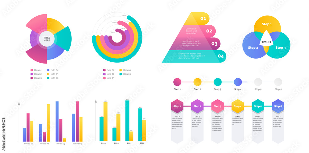 Business infographics set with different diagrams vector illustration. Level elements, marketing charts, graphs, pyramid and venn diagram for your work presentation.