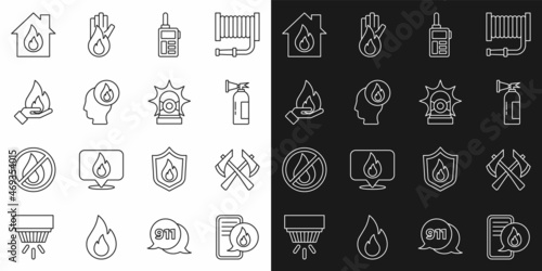 Set line Phone with emergency call 911, Firefighter axe, extinguisher, Walkie talkie, Hand holding fire, burning house and Flasher siren icon. Vector