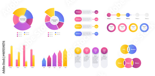 Business infographics set with different diagrams vector illustration. Level elements, marketing charts, graphs, pyramid and venn diagram for your work presentation.