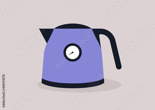A modern kettle with a thermometer on it, kitchenware appliances