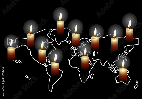Apagón energético  o eléctrico global. Mapa del mundo en trazo blanco  con velas iluminando encima. Apagón energético o eléctrico en Europa en blanco y negro. Apagón tecnológico