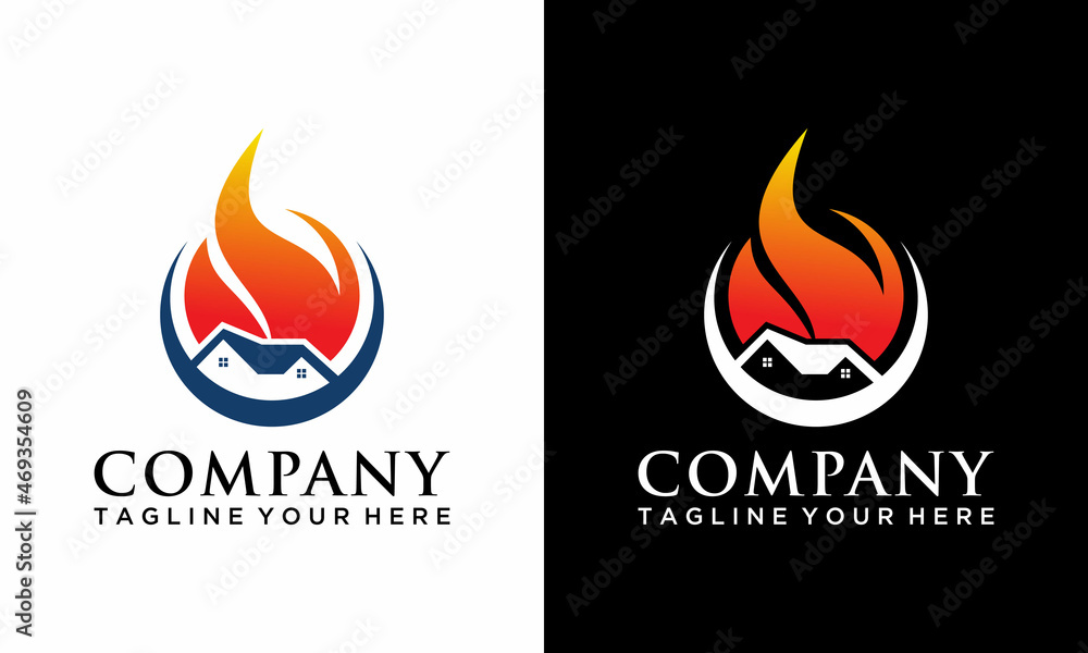 Home fire flame logo design vector template on a black and white background. Home fire flame logo design vector template on a black and white background.