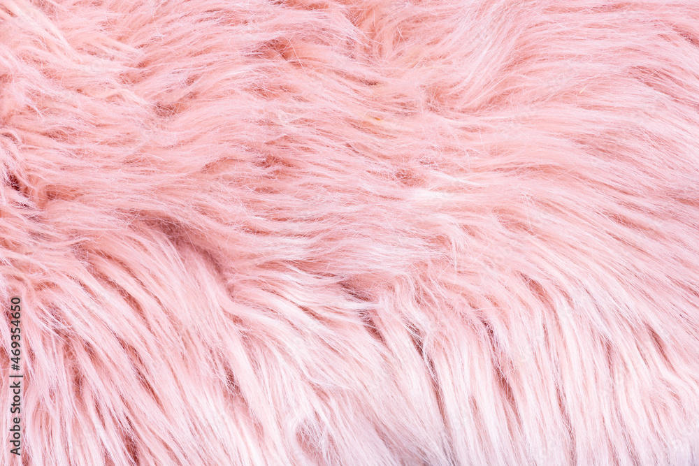 Fototapeta premium Pink fur texture top view. Pink sheepskin background. Fur pattern. Texture of pink shaggy fur. Wool texture. Sheep fur close up