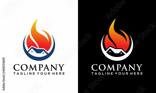 Home fire flame logo design vector template on a black and white background.