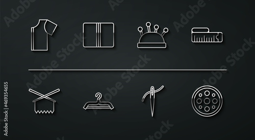 Set line Sewing pattern, Knitting needles, Tape measure, Needle with thread, Hanger wardrobe, Textile fabric roll, button and bed and icon. Vector