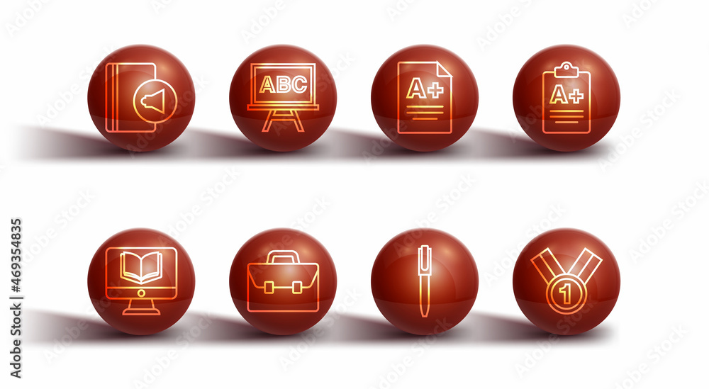 Set line Audio book, Online class, Exam sheet with plus grade, Pen, Briefcase, Chalkboard, Medal and icon. Vector Set line Audio book, Online class, Exam sheet with plus grade, Pen, Briefcase, Chalkboard, Medal and icon. Vector