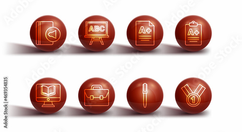 Set line Audio book, Online class, Exam sheet with plus grade, Pen, Briefcase, Chalkboard, Medal and icon. Vector