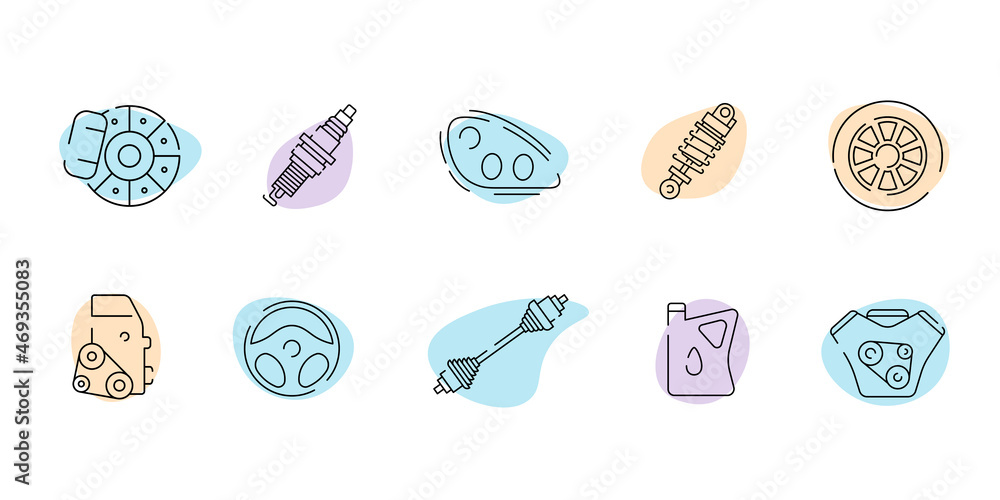 Car spare parts. Stylish auto parts, vector icons isolated on white background. Car spare parts. Stylish auto parts, vector icons isolated on white background.