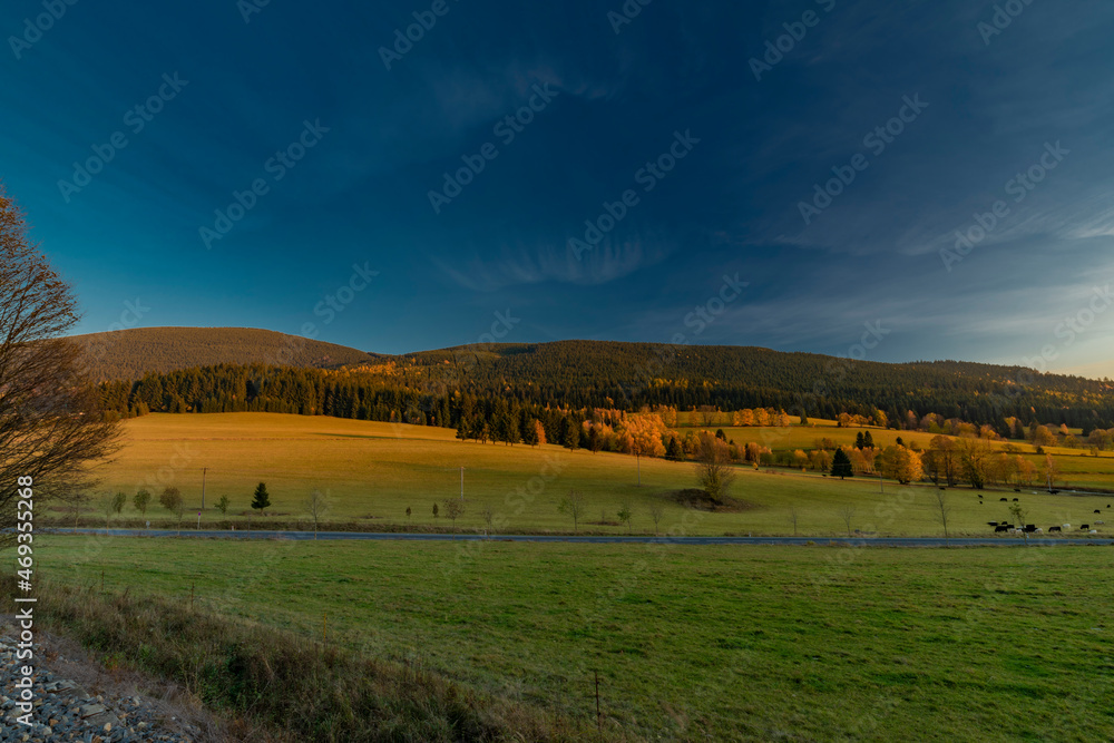 Evening near Ostruzna and Ramzova villages in Jeseniky mountains