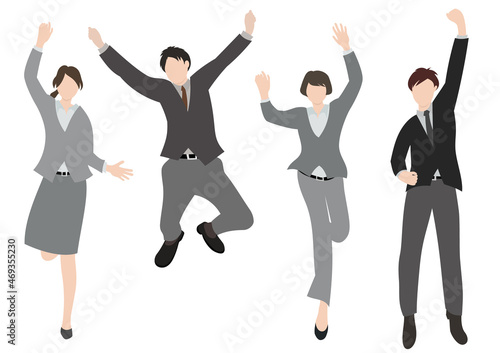 イラスト素材：ジャンプして喜んでいる複数のビジネスパーソン（スーツバージョン）