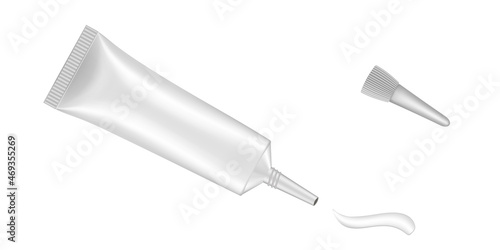 Single white plastic tube with long nozzle. Cream splash. Serum or ointment. Gel. Vector illustration isolated on a white background. 3d	