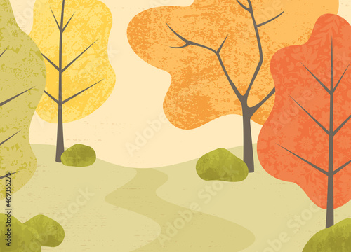 An abstract outdoor scene of autumn trees in a cut paper style with textures
