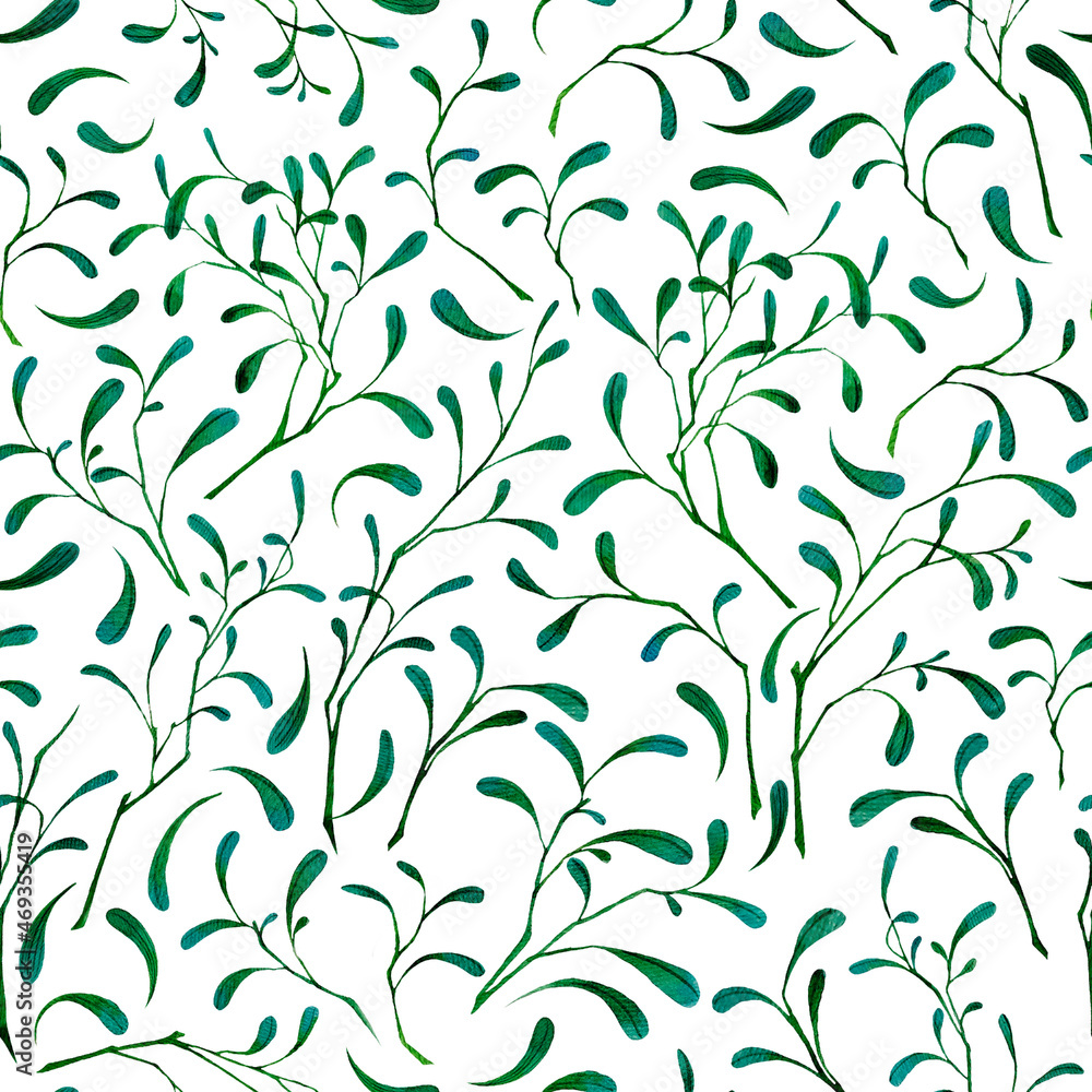 Seamless pattern with stylized leaves and branches isolated on white background. Watercolor illustrations perfect for fabric and textile, wrapping paper and wallpaper, for design wedding invitations.
