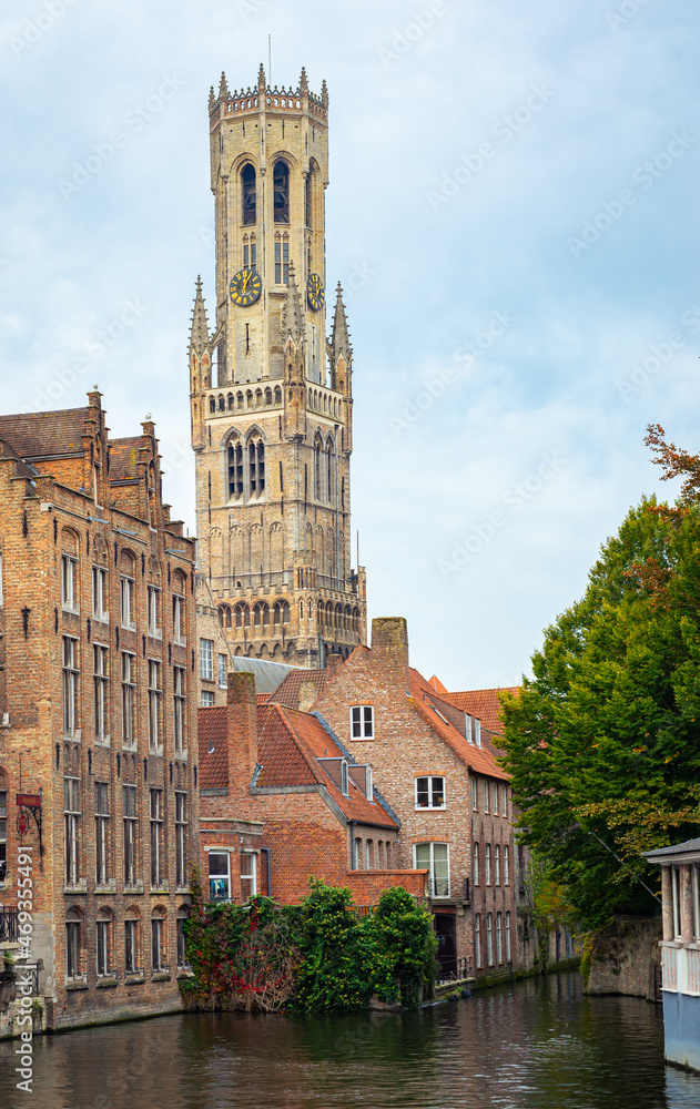 Picturesque view of the belfry tower, known as Belfort in the old town of Brugge, Belgium.