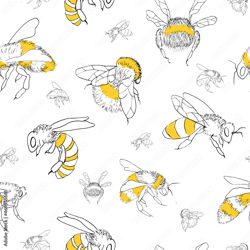 Seamless pattern with various bees isolated on white background. In sketch style. Lively graphic illustration perfect for decoration wrapping honey products, fabric, textiles. Seamless pattern with various bees isolated on white background. In sketch style. Lively graphic illustration perfect for decoration wrapping honey products, fabric, textiles.