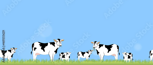 Seamless pattern Spring landscape with green meadow, family cows grazing eating grass in sunny day,Endless Vector cartoon Summer field of green meadow with blue sky,Horizontal background banner