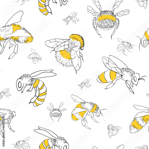 Seamless pattern with various bees isolated on white background. In sketch style. Lively graphic illustration perfect for decoration wrapping honey products  fabric  textiles.